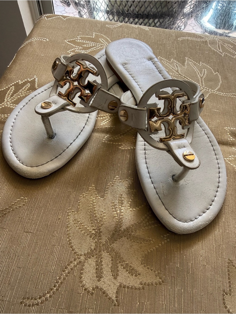 Tory Burch White Leather Logo Thong Sandals with Gold Accents